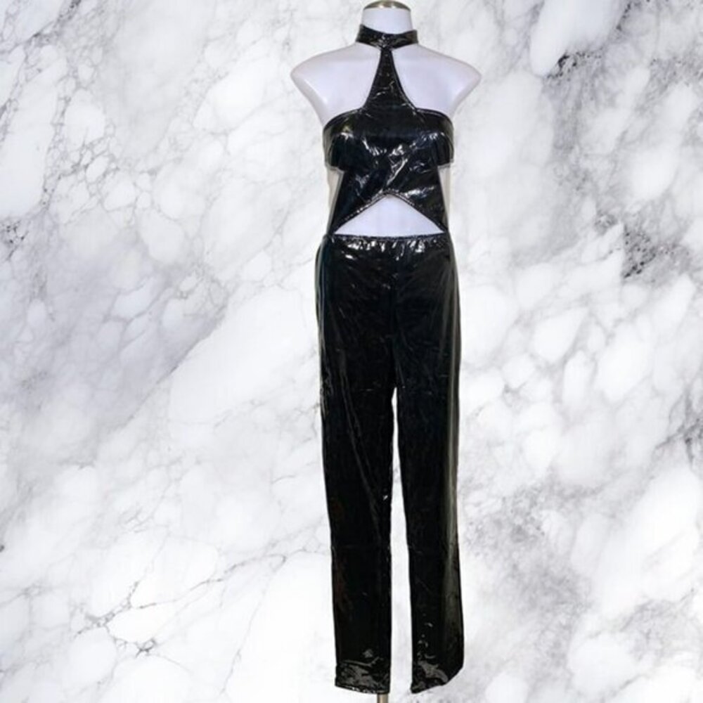 K TOO Patent Vegan Leather Star Cutout Halter Neck Jumpsuit